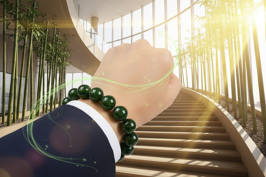 佩戴墨绿色古法金砂香灰琉璃串珠手串,体现木质生发的特点,给人以提升事业,蒸蒸日上的场景