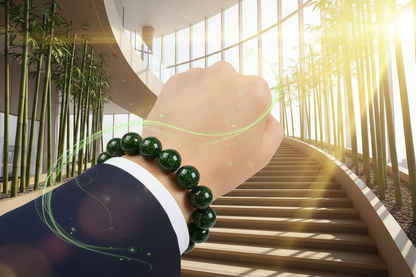 佩戴墨绿色古法金砂香灰琉璃串珠手串，体现木质生发的特点，给人以提升事业，蒸蒸日上的场景